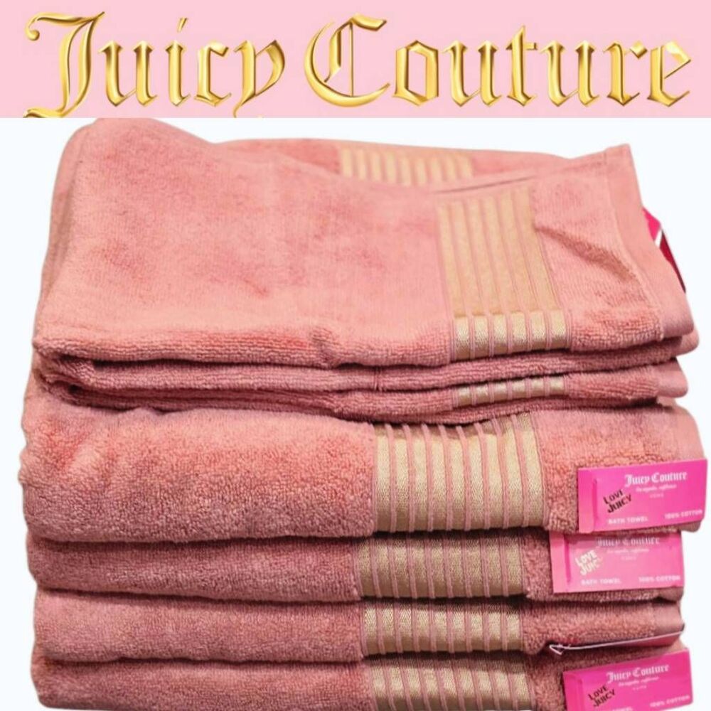 Juicy Couture Home Striped Oversized Plush Bath & Hand Towel Set- Rose/Gold